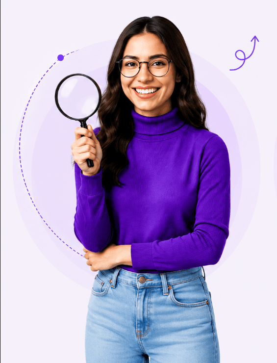 Kryptonix SEO specialist holding a magnifying glass, representing search visibility and organic discovery